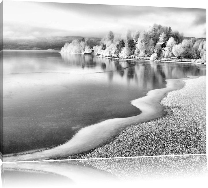 Pixxprint Monocrome, Winterlandschaft Wald Schnee Waldspaziergang, Format: 100x70 auf Leinwand, XXL