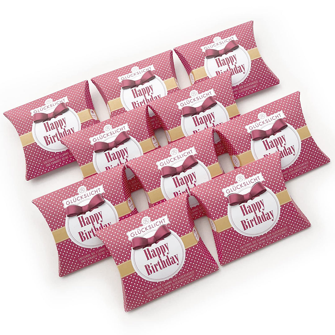 Glückslicht/Dots/Happy Birthday/Fröhlich rote Geschenkbox mit weissen Punkten und oranger Banderole