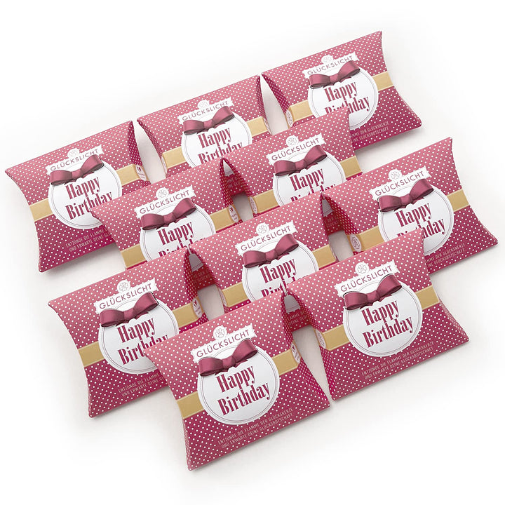 Glückslicht/Dots/Happy Birthday/Fröhlich rote Geschenkbox mit weissen Punkten und oranger Banderole