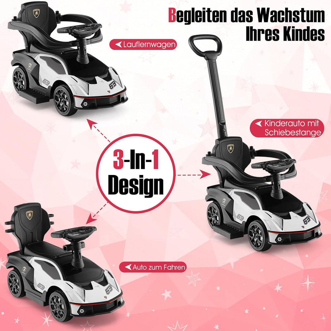DREAMADE Rutschauto Lamborghini, 3 in 1 Rutschfahrzeug mit Schiebestange, Hupe, Stauraum & Verstellb