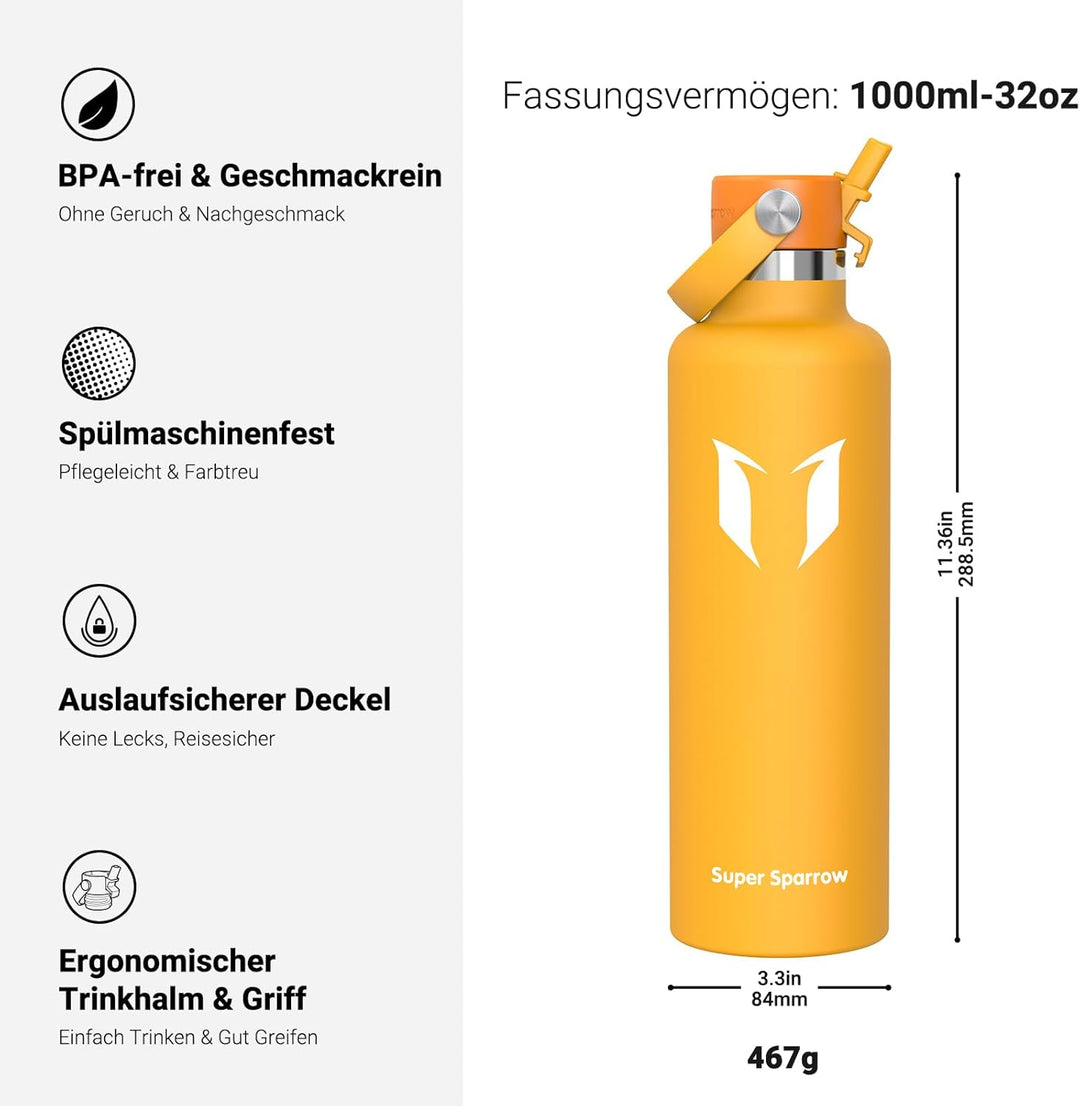 Super Sparrow Trinkflasche Edelstahl - Thermobecher - 350ml, 500ml, 750ml, 1L, 1.2L - FlipFlow Trink