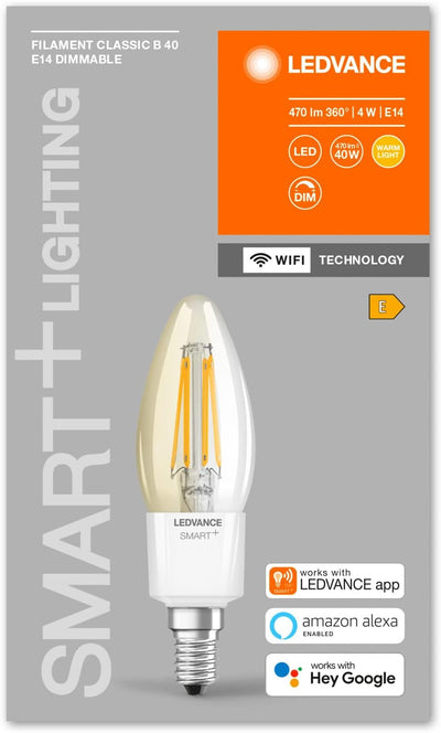 LEDVANCE Smarte LED-Lampe mit Wifi Technologie, Sockel E14, Dimmbar, Warmweiss (2700K), Kerzenform,