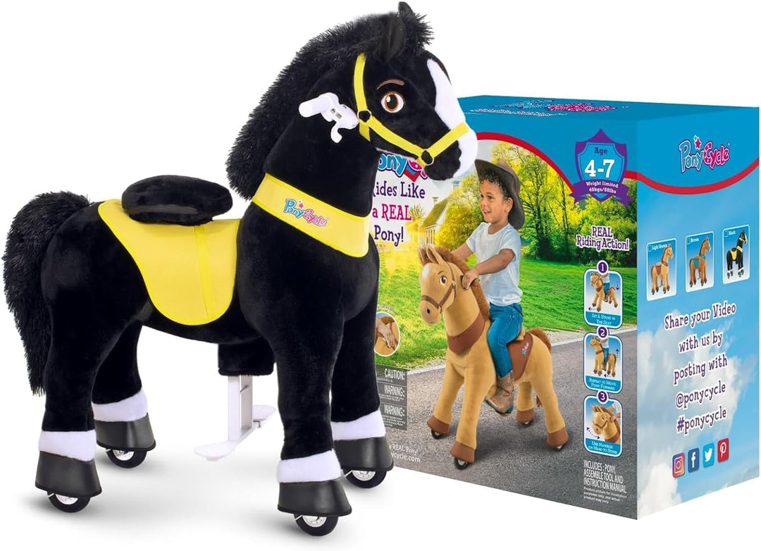 PonyCycle Spielpferd zum reiten, für Kinder 4–7 Jahre, 90cm Hoch, Reitpferd auf Rollen mit Handbrems