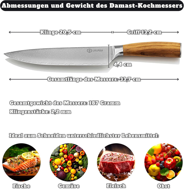 Damastmesser Küchenmesser mit 67 Schichten, Olivenholzgriff, Klinge aus rostfreiem Damaststahl, Dama