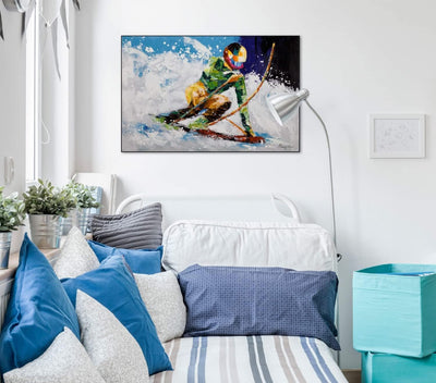 KunstLoft Leinwandbild | 100% HANDGEMALT | 90x60cm | Gemälde 'Ride in the Snow' | Winter | Blau Weis