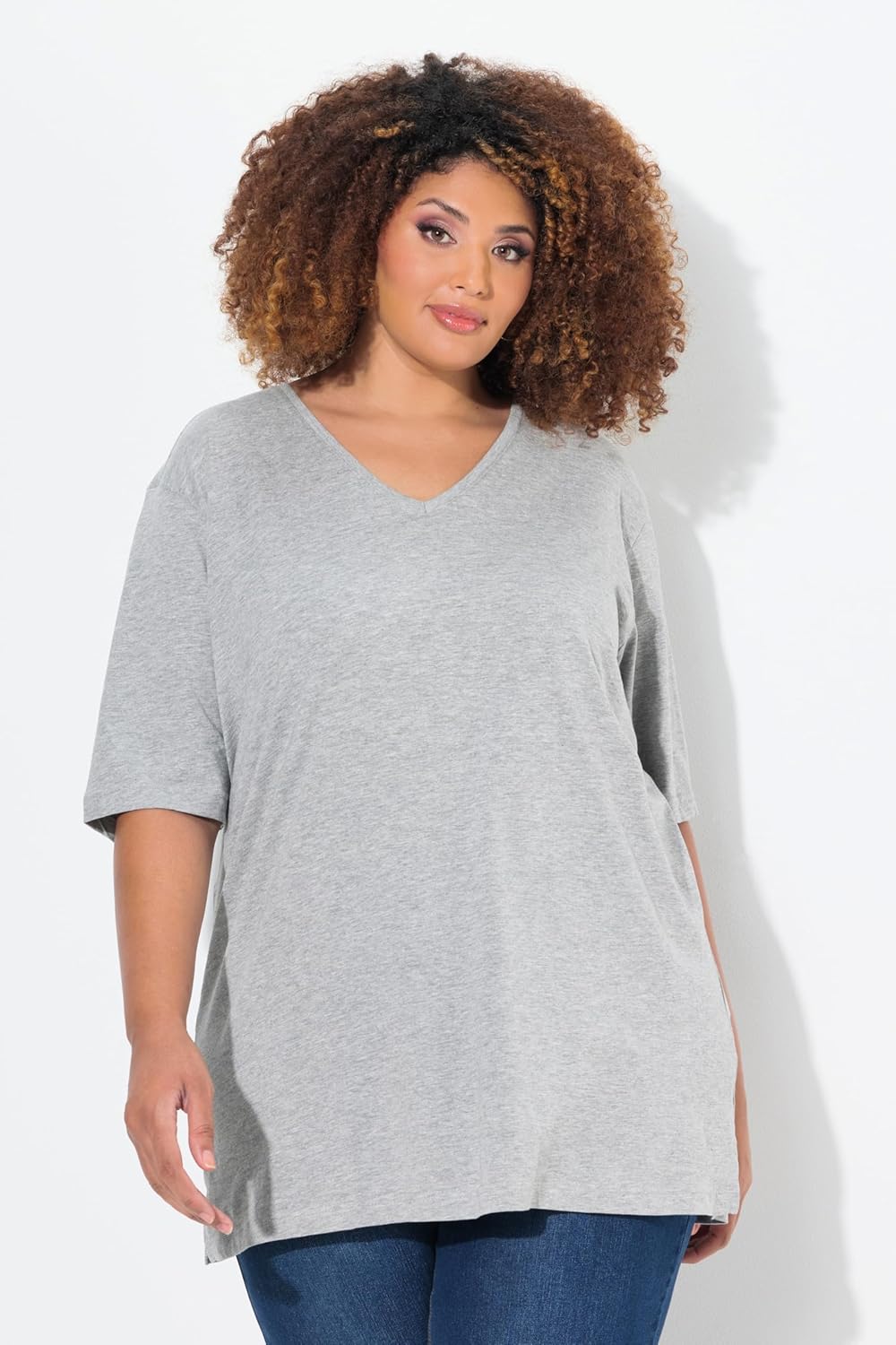 Ulla Popken Damen Basic-v-Shirt T 46-48 Hellgrau Mélange, 46-48 Hellgrau Mélange
