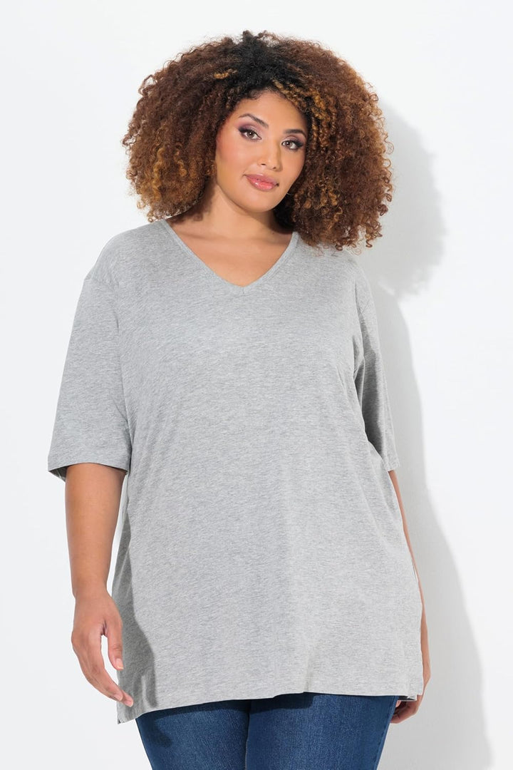 Ulla Popken Damen Basic-v-Shirt T 46-48 Hellgrau Mélange, 46-48 Hellgrau Mélange