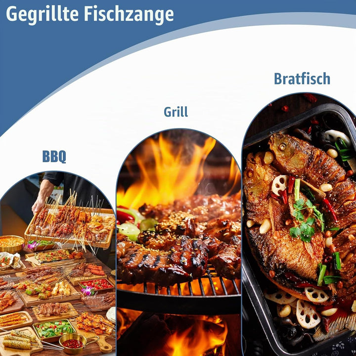 Fisch Grillhalter mit Holzgriff 3er, 63x12cm Grosse Fischbräter Fischgriller mit Griff aus Metall, G