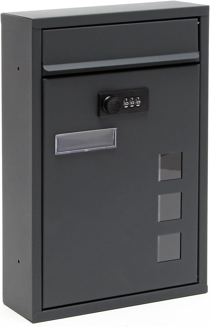 Wiltec Briefkasten anthrazit 215x320x90mm Briefkasten mit Zahlenschloss, Namensschild und Sichtfenst