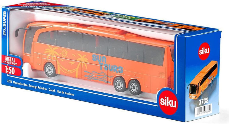 siku 3738, Mercedes-Benz Travego Reisebus, 1:50, Metall/Kunststoff, Orange, Öffenbare Türen und Klap