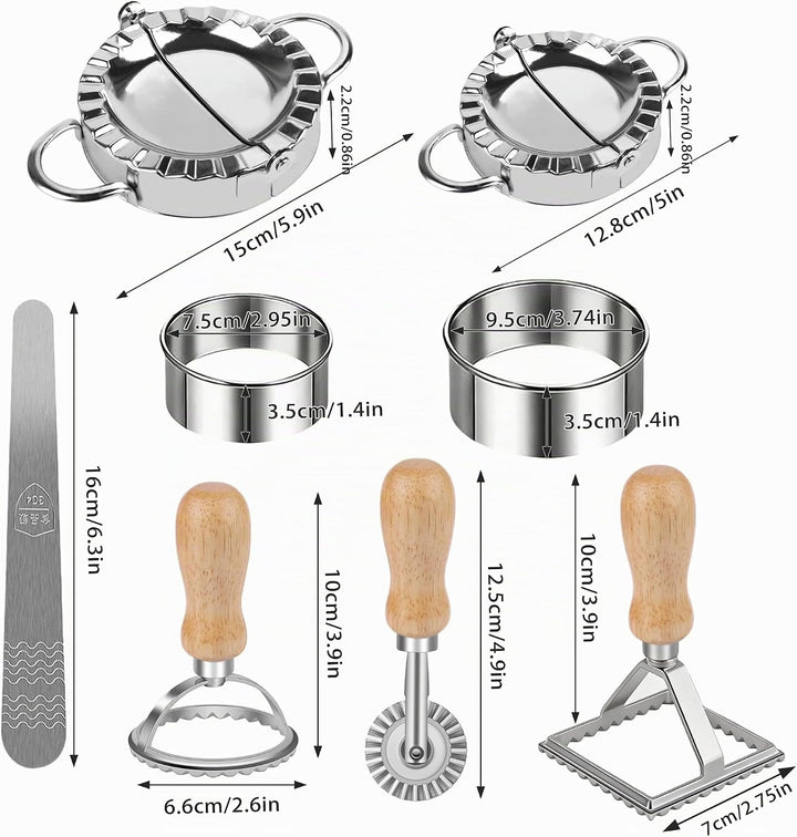 8 Stück Ravioli Former Set, Edelstahl Dumpling, Mit Ravioli Maker Ausstecher und Teigrädchen Teigtas