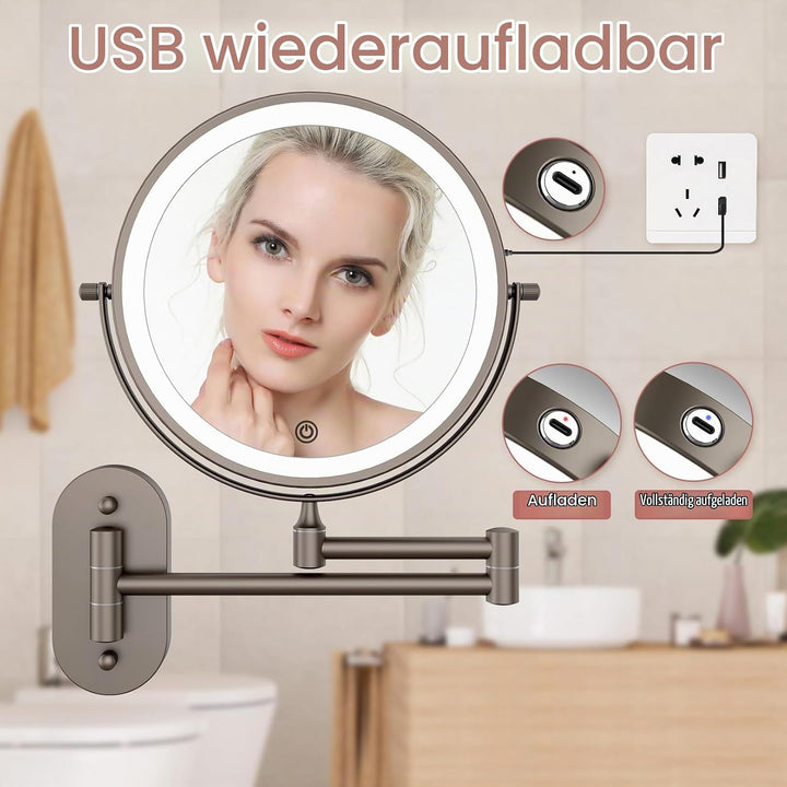 FUNTOUCH Wiederaufladbar Kosmetikspiegel mit 1X/ 10X Vergrösserung, Dimmbarer Rasierspiegel 3 Farben