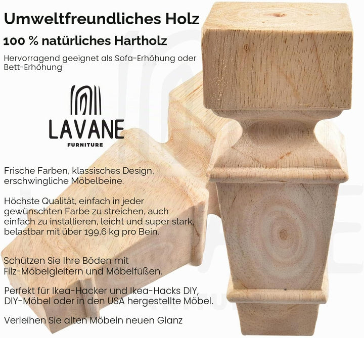 La Vane Möbelbeine aus Holz, geschnitzte Geometrie, unlackiert, Ersatzfüsse mit Montageplatte und Sc