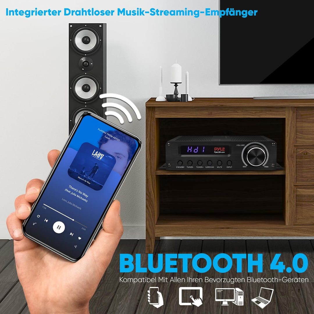 Pyle HiFi Verstärker 100W – Bluetooth Verstärker, Amplifier 5.1 Kanal Receiver mit HDMI, AUX, FM-Ant