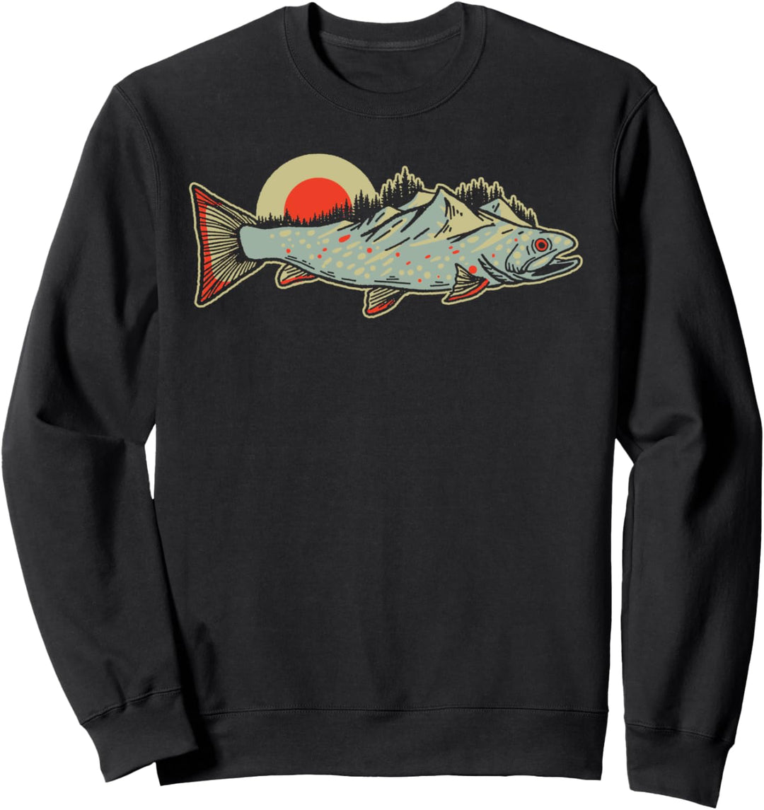 Retro Trees Trout & Mountains Vintage Fly Fishing Artistic Sweatshirt