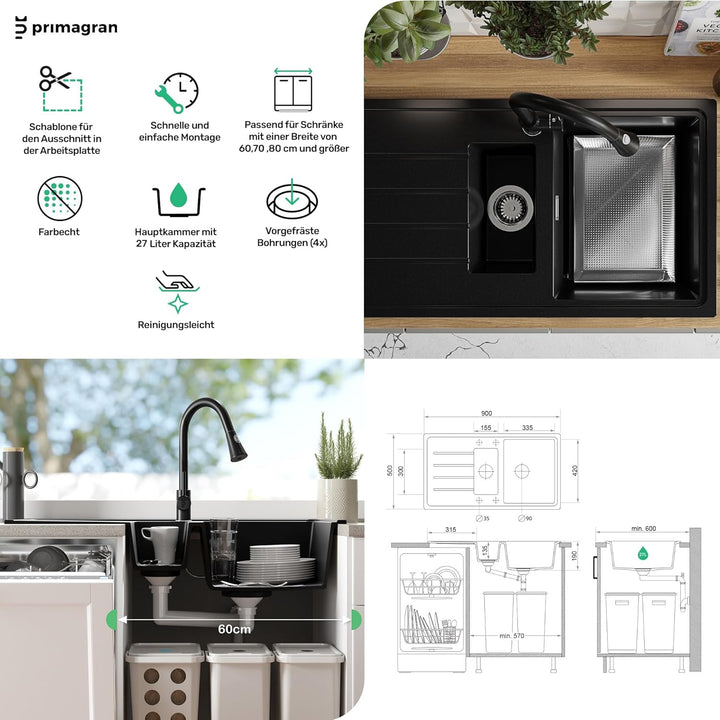 PRIMAGRAN Spülbecken Alles Schwarz 90x50cm, Granitspüle 1,5 Becken + Ablauf-Set + Aufrollbare Abtrop