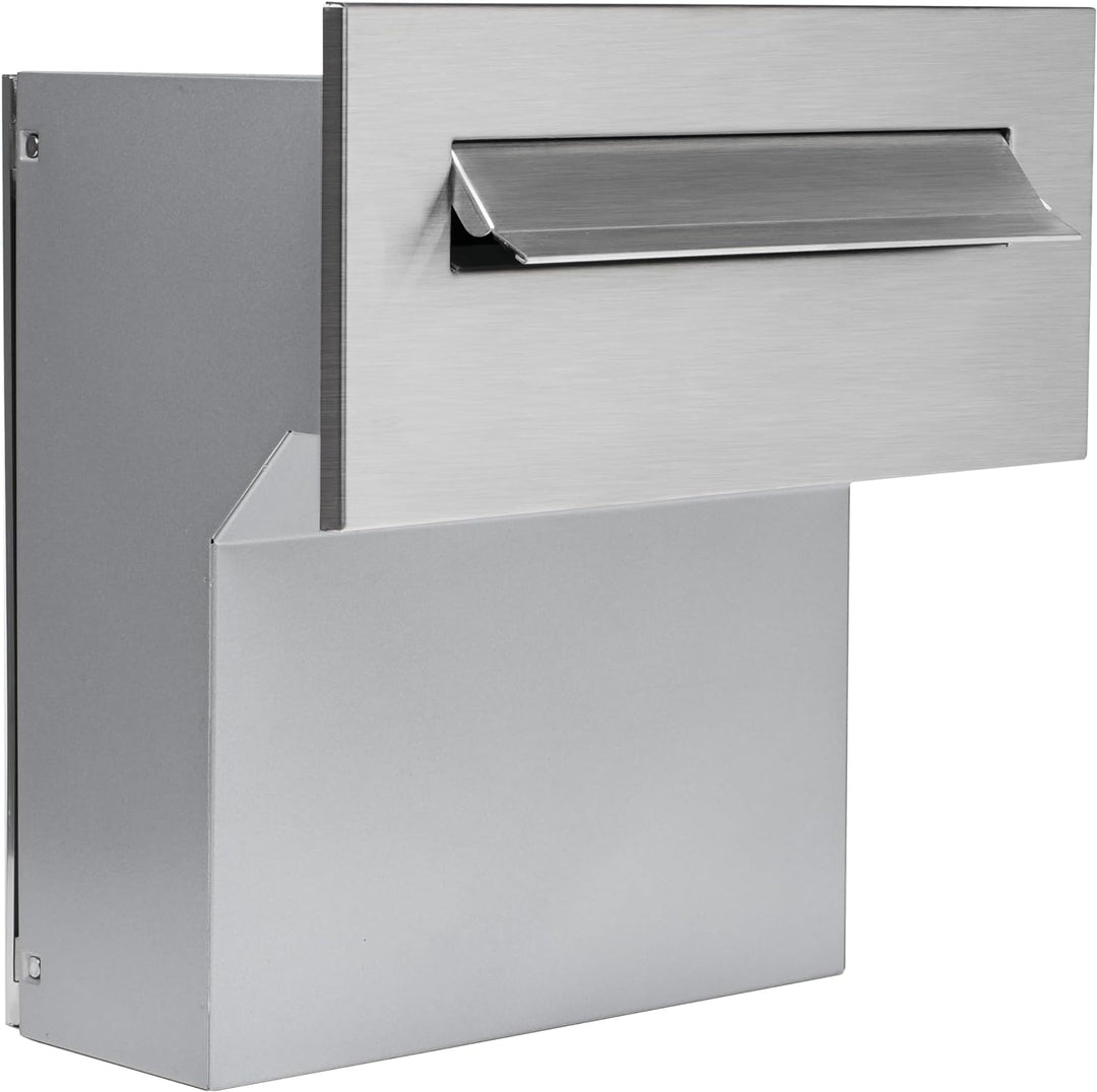 Mauerdurchwurf Briefkasten Edelstahl/Silber NEU Vorderteil + Hintertür V2A gebürstet 190-260 [mm] 3