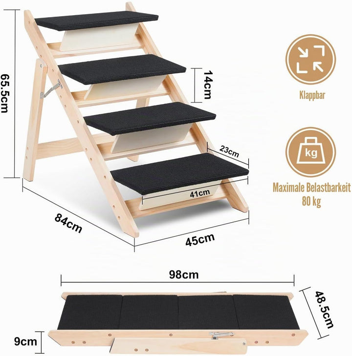 Hundetreppe 4 Stufen,2-in-1 Klappbare Hunderampe aus Holz,rutschfest mit Geringer Neigung,Haustiertr