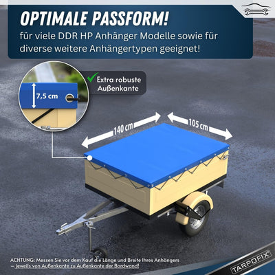 Tarpofix® Anhängerplane Flachplane 140 x 105 x 7,5 cm + 2x Planenbügel (verstellbar 100-145 cm) - ra