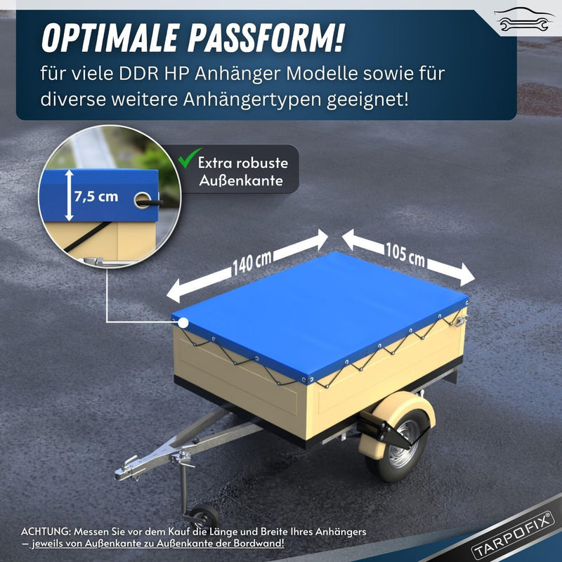 Tarpofix® Anhängerplane Flachplane 140 x 105 x 7,5 cm + 2x Planenbügel (verstellbar 100-145 cm) - ra