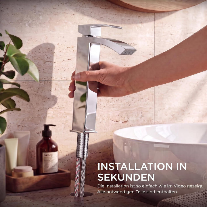 FORIOUS Wasserhahn Bad mit Ablaufgarnitur, Wasserfall Waschtischarmatur Hoch mit Auslauf Höhe 225 mm