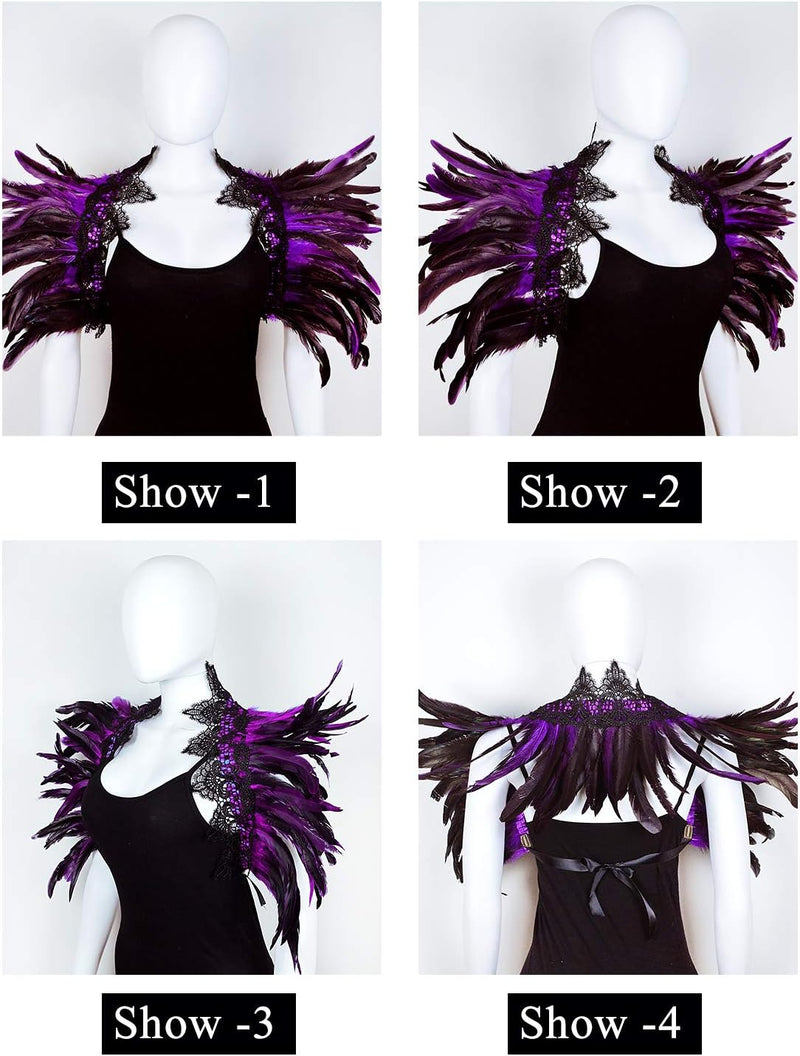 keland Damen schwarz echte Feder Achselzucken Schal Wrap Lace Kragen Halloween Kostüm Schal Top(Viol