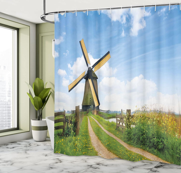 ABAKUHAUS Windmühle Duschvorhang, Holland im Frühjahr, Stoffliches Gewebe Badezimmerdekorationsset m