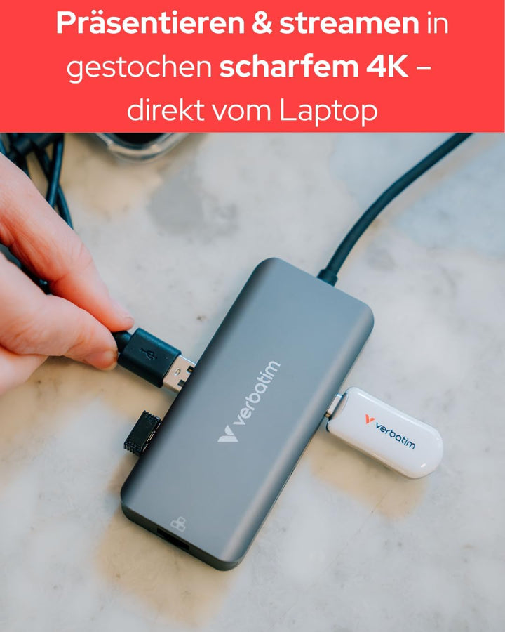 Verbatim USB-C Essentials Multiport Hub, 6 Anschlüsse: RJ45, HDMI, USB-C PD bis 100W, 3× USB-A 3.2 G