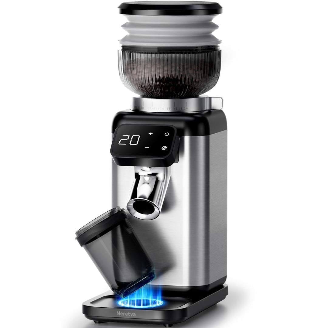 Neretva Kaffeemühle Elektrisch mit Abnehmbarem Halter für Siebträger und Behälter, Silber