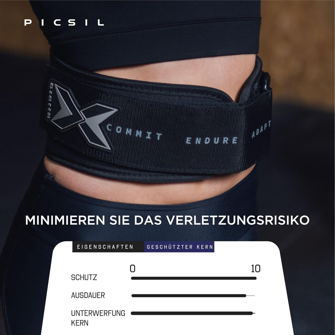 PICSIL - Gewichthebergürtel, Lendenwirbelstütze für Reissen &amp; Stossen, Wettkampfgenehmigt mit Schnal