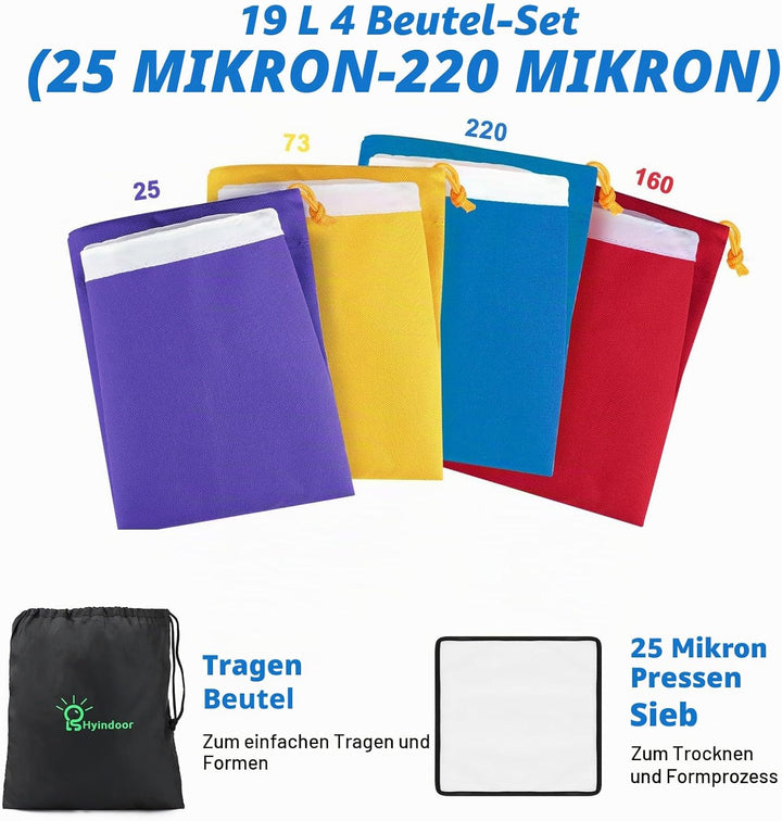 Hyindoor 20L 5 Gallon 4 Beutel Bubble Bag Kräutereis Essence Extraktion Beutel Kit mit Presssieb und