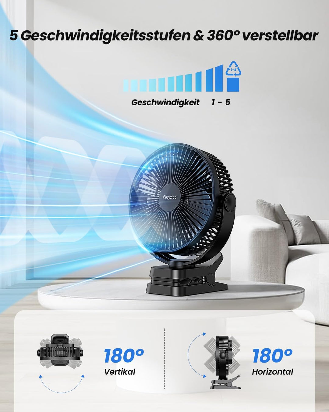 EasyAcc Ventilator mit Clip, 10000mAh USB-Ventilator, 3-in-1-Tischventilator mit 5 Geschwindigkeiten