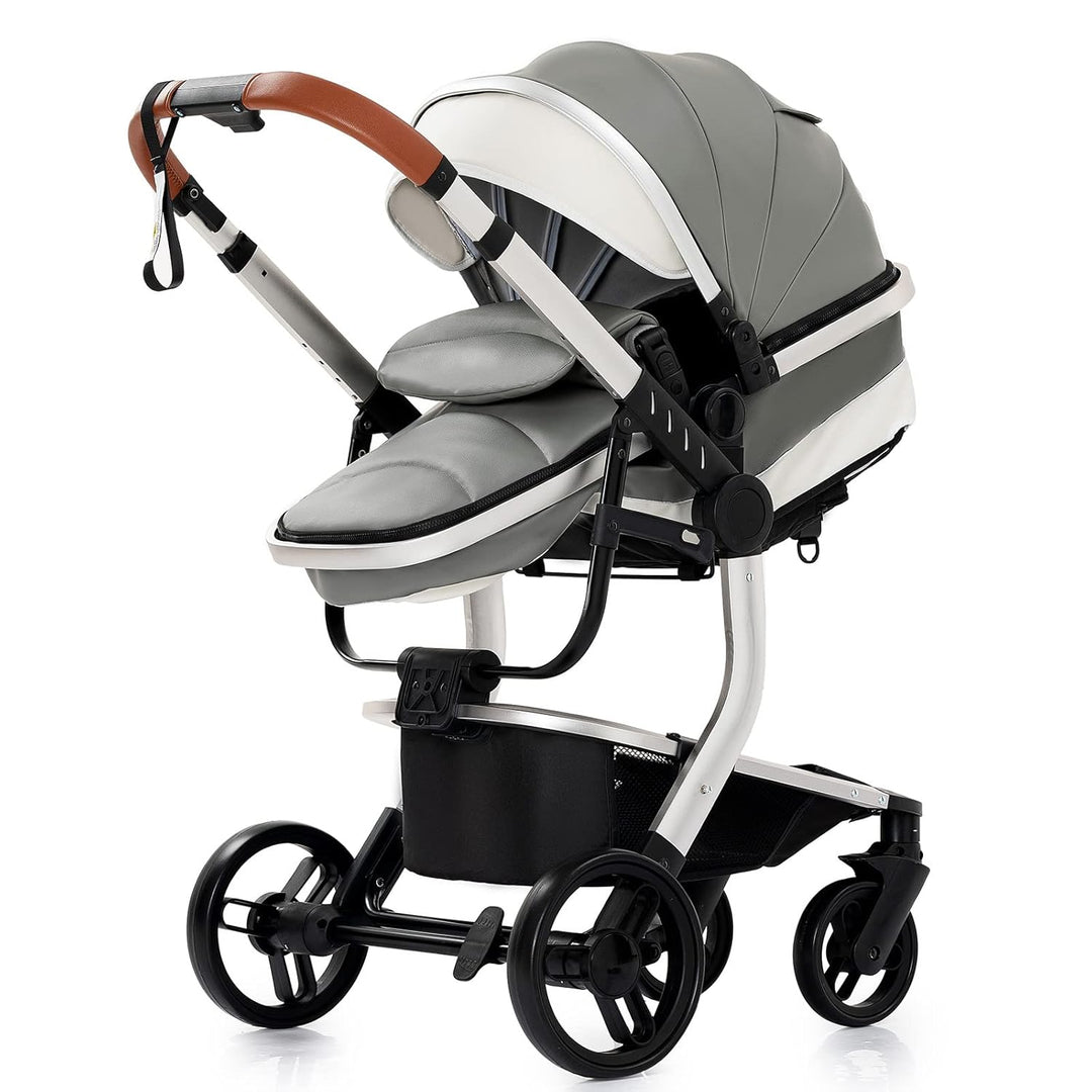 Reenborn PU-Leder Kinderwagen 3 in 1, Buggy mit Ein-Klick-Faltdesign Hohe Landschaft, Kinderwagen mi