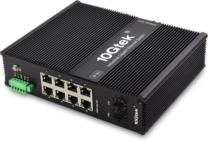 10Gtek Industrial IP40, 10-Port Gigabit Ethernet Switch (w/20-km SFP transceiver), G0208i, DIN-Rail