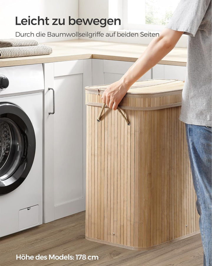 SONGMICS Wäschekorb mit Deckel, Wäschesammler Bambus, Wäschesack herausnehmbar und maschinenwaschbar