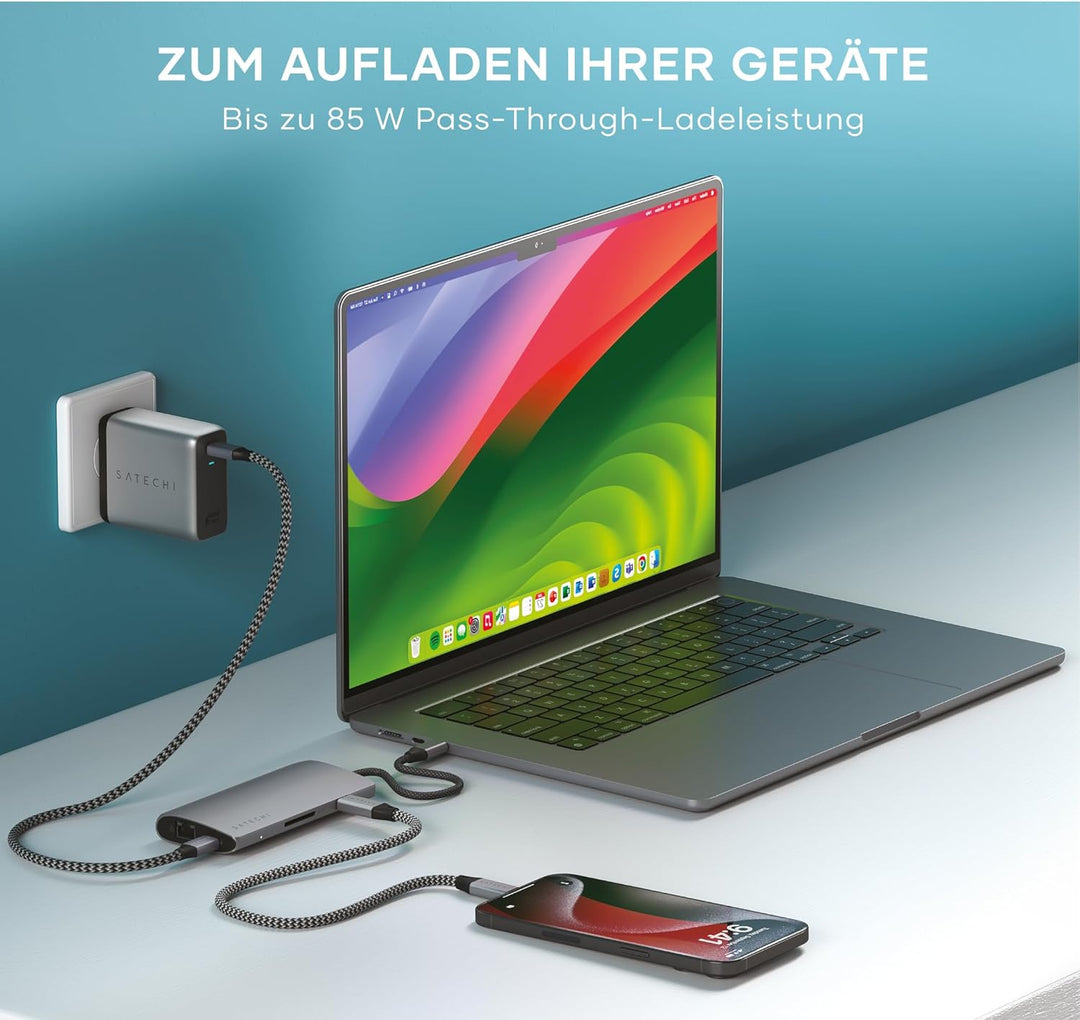 SATECHI 8-in-1 USB-C-Hub mit Ethernet, HDMI 8K@30Hz, 85 W PD-Ladefunktion, 4 x USB-C 10 Gbit/s, Date