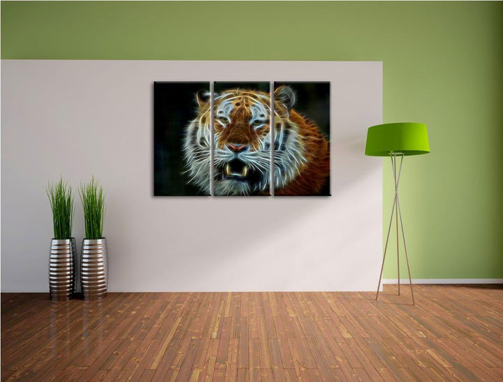 Dark Tiger mit offenem Maul NewArt 3-Teiler Leinwandbild 120x80 Bild auf Leinwand, XXL riesige Bilde