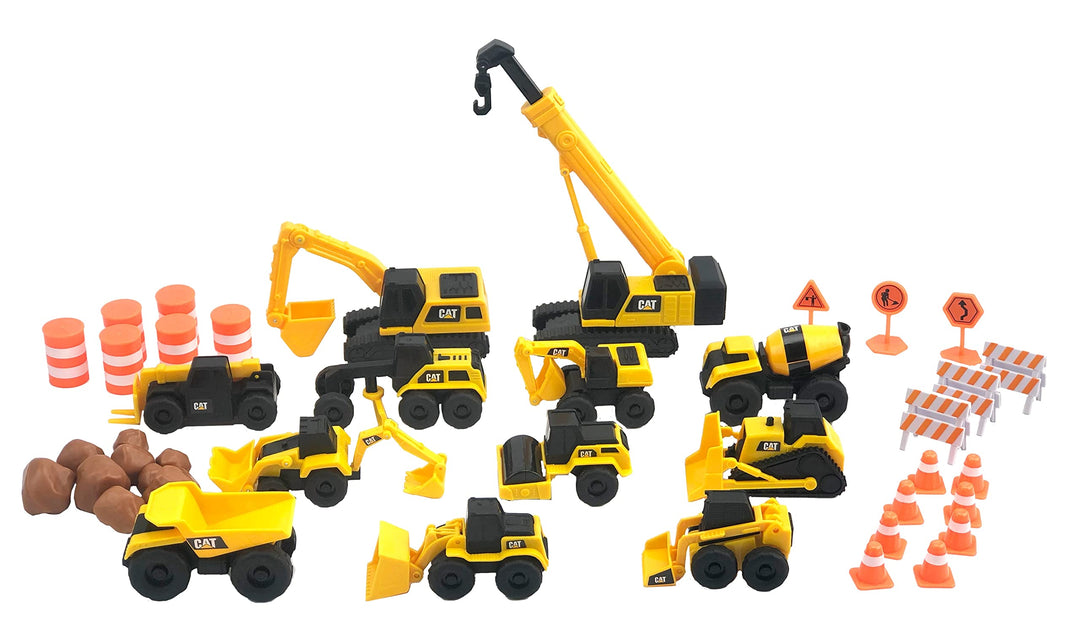 CAT® Construction Little Machines Mega-Set I Mit 40 Teilen I Enthält Fahrzeuge, einen Kran, Verkehrs