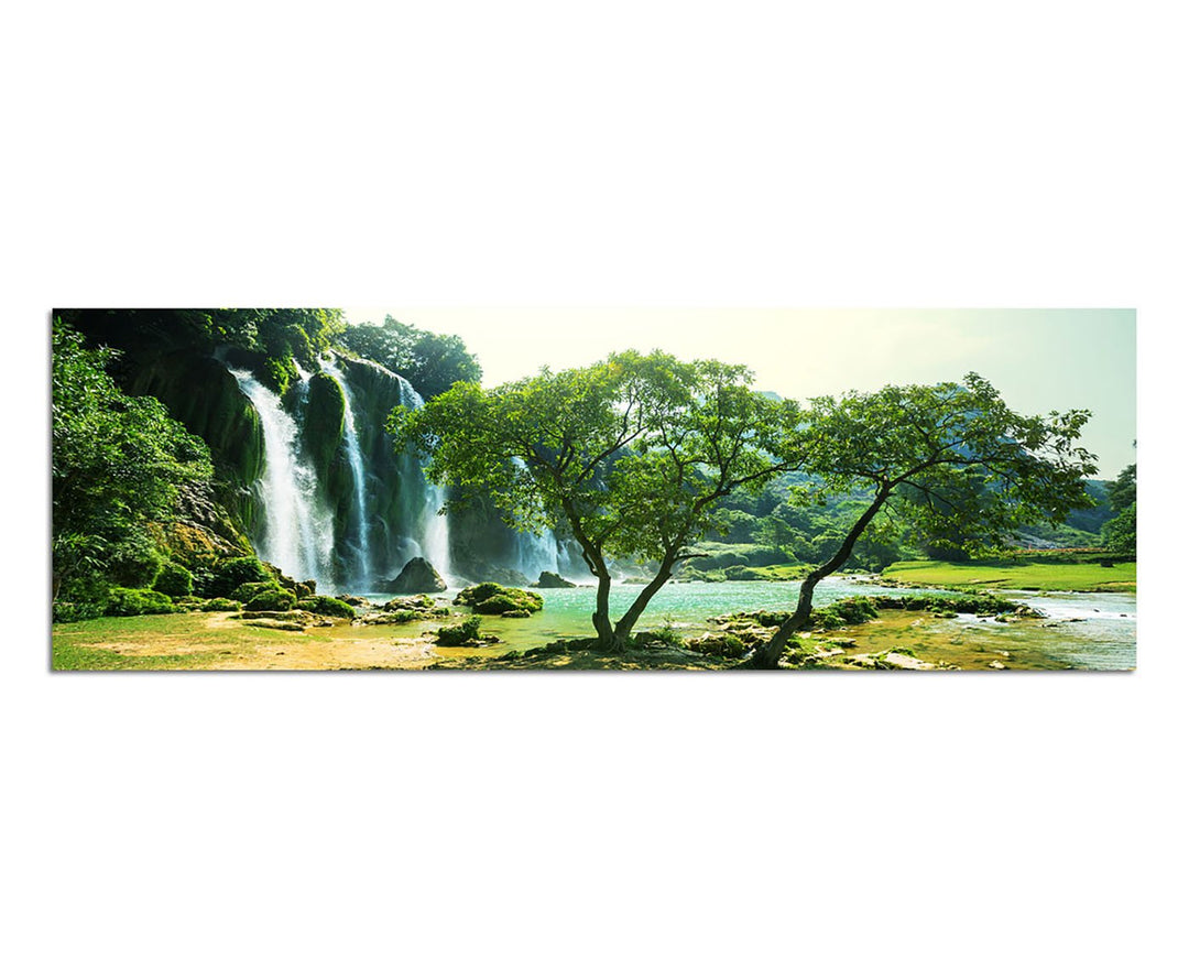 Paul Sinus Art Panoramabild auf Leinwand und Keilrahmen 150x50cm Vietnam Bäume Wald Wasserfall Natur