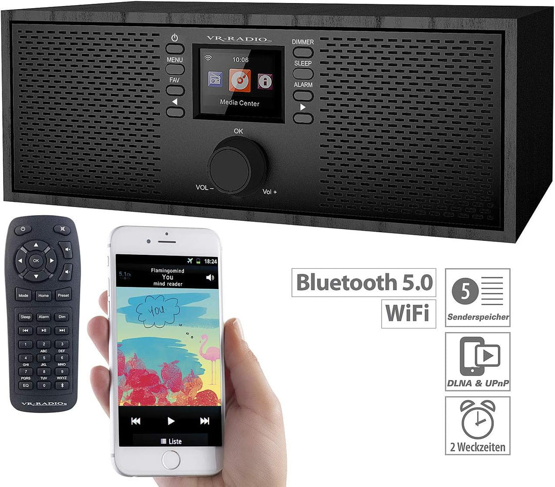 VR-Radio Radio: Stereo-WLAN-Internetradio, Farb-Display, 12 W, Bluetooth 5, Fernbed. (WLAN Lautsprec