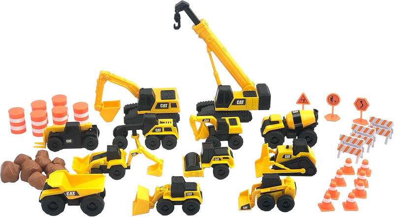 CAT® Construction Little Machines Mega-Set I Mit 40 Teilen I Enthält Fahrzeuge, einen Kran, Verkehrs