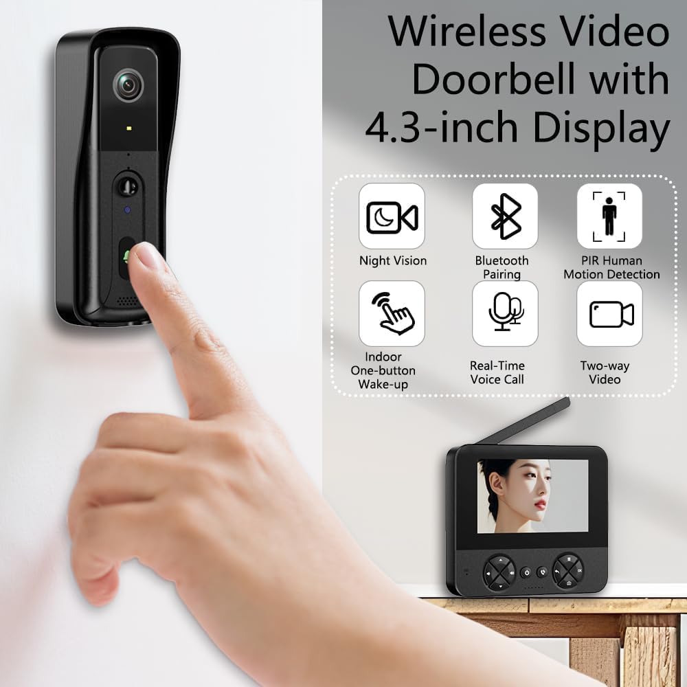 Drahtlose Video Türklingel mit Kamera 100m Verbindung 4,3“ IPS Display 1080P Kabellose Funk Türkling