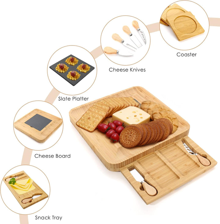 Todeco Bambus-Käsebrett mit Käsemesser Set, Charcuterie Board, mit 4 Käse-Messern, Ausziehbarer Schu