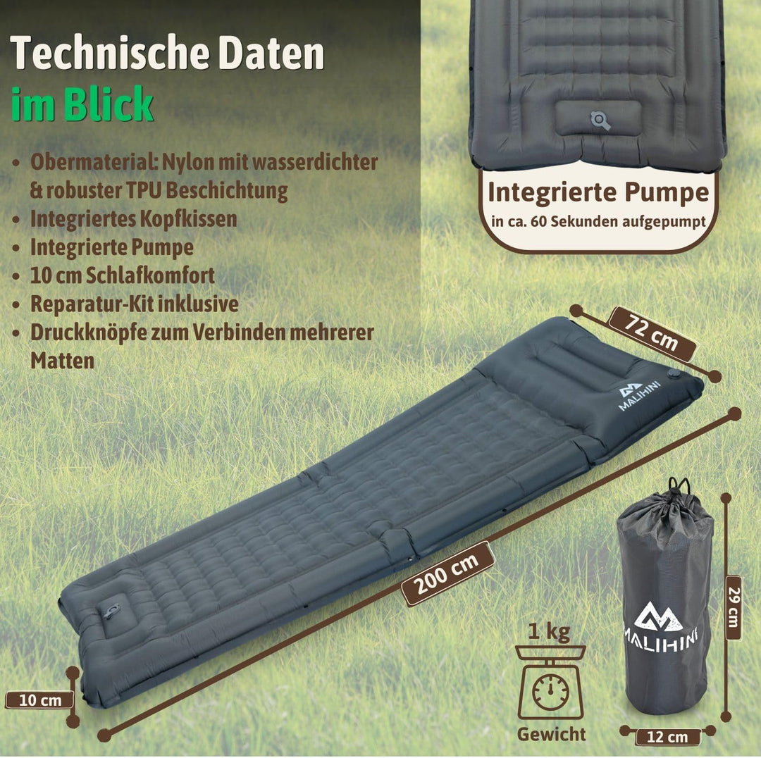 MALIHINI Camping Isomatte selbstaufblasend | Fusspumpe &amp; Kissen | 10 cm dick | Ultraleichte aufblasb