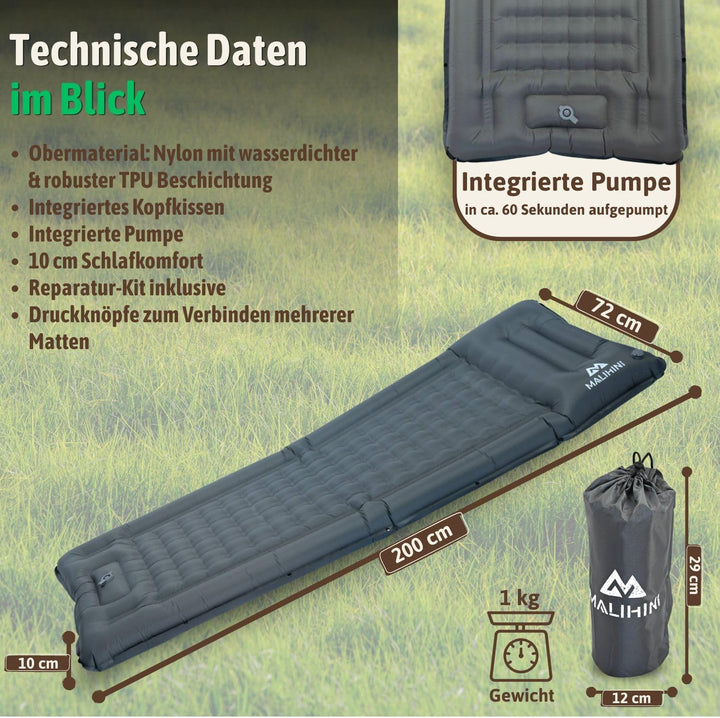 MALIHINI Camping Isomatte selbstaufblasend | Fusspumpe &amp; Kissen | 10 cm dick | Ultraleichte aufblasb