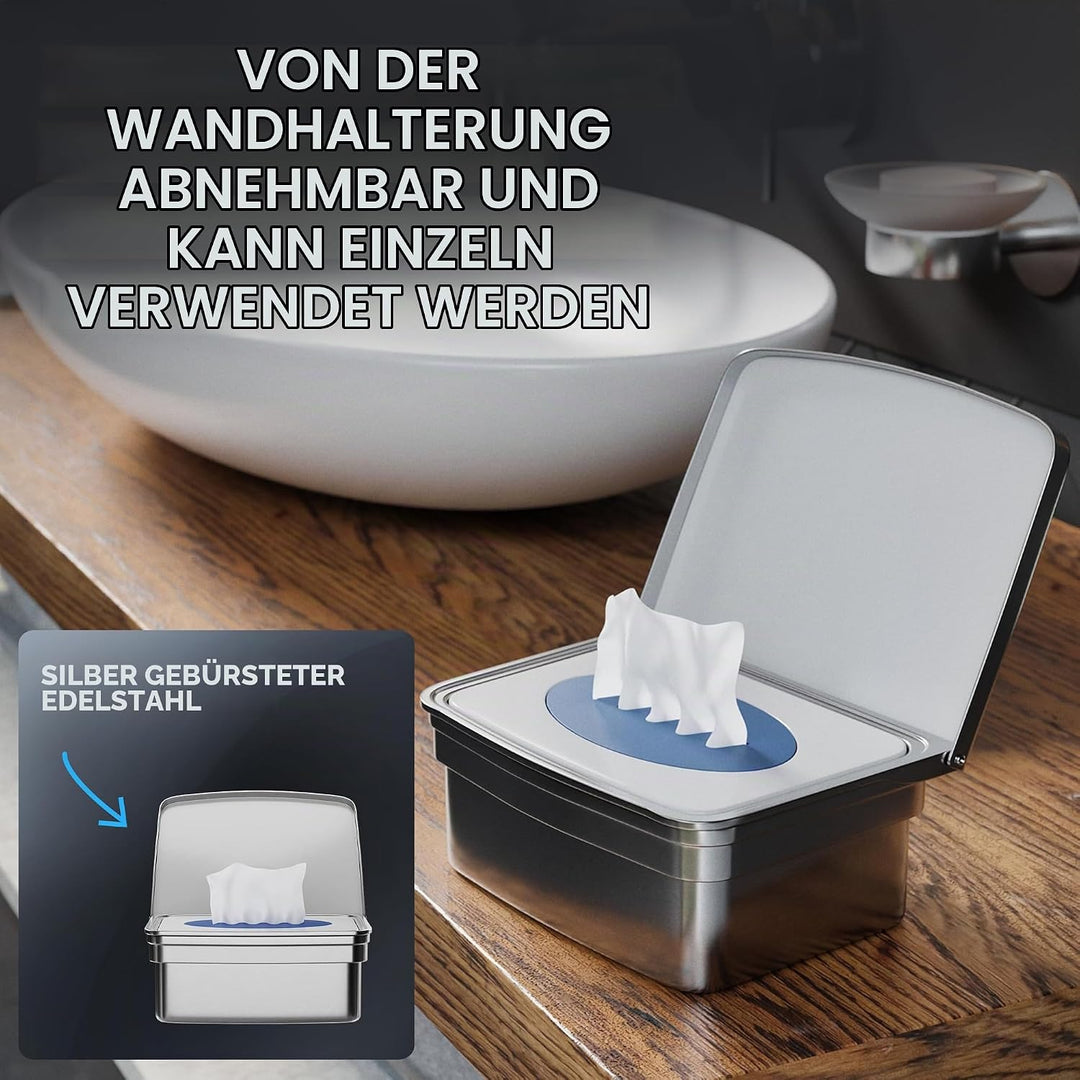 ovimar Feuchttücher Box mit Deckel Taksensand | in edlem Silber poliertem Edelstahl | zum Bohren | D