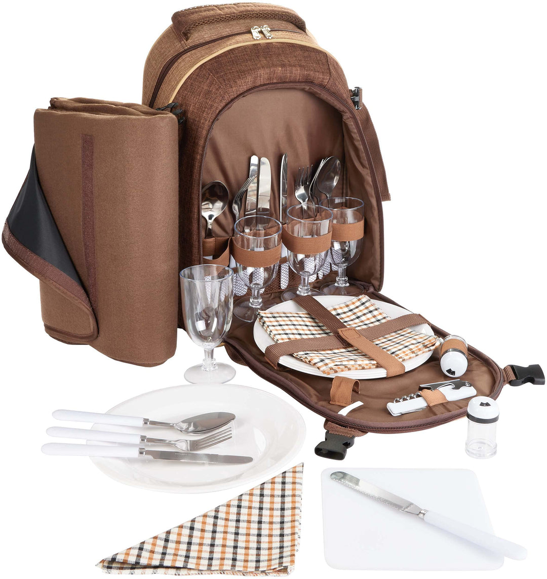 Brubaker Picknickrucksack für 4 Personen Braun 28,5 × 42,5 x 19 cm - inkl. Kühlfach + Fleece-Picknic