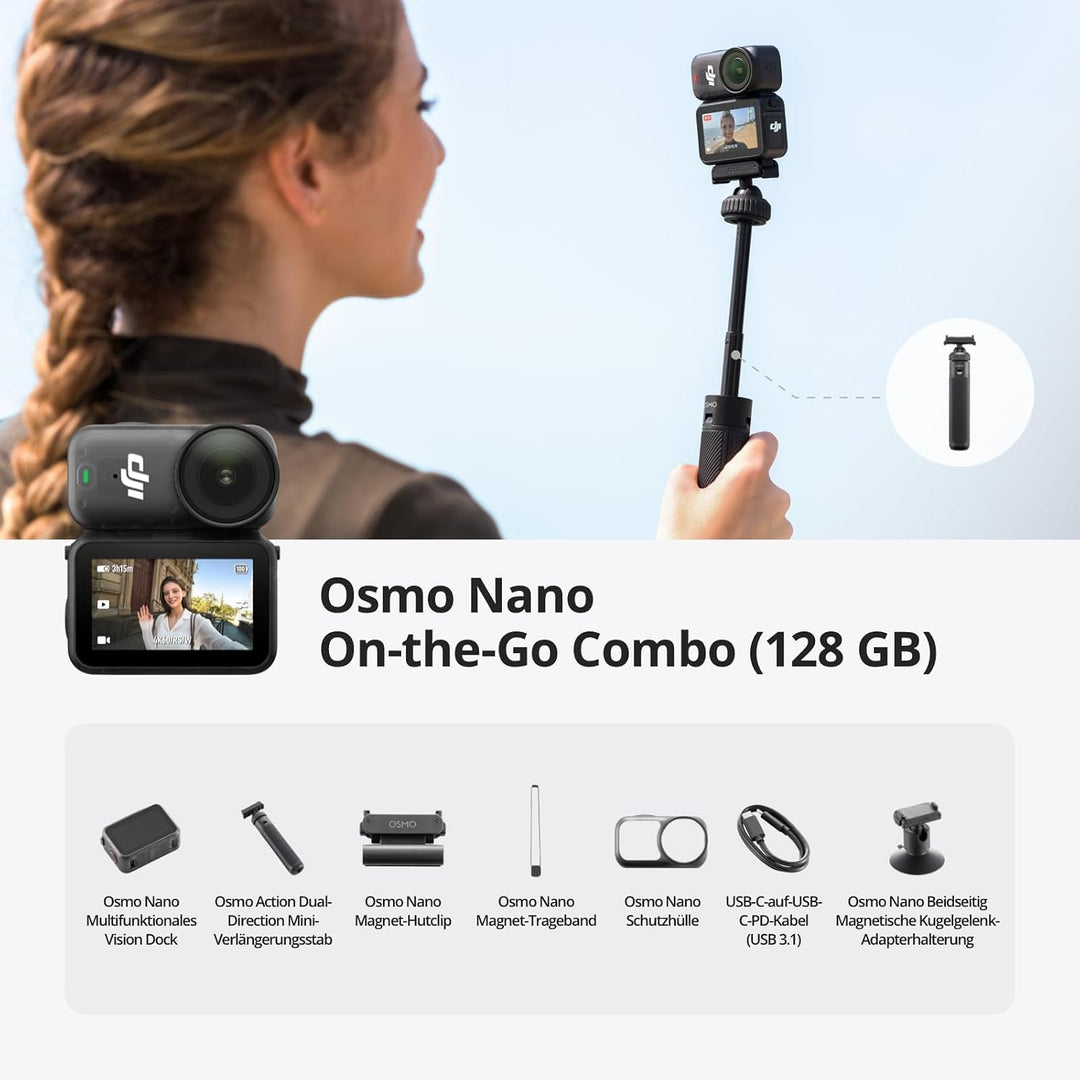DJI Osmo Nano On-the-Go Combo (128 GB) mit Mini-Verlängerungsstab - Kleine 4K/60 fps Vlog-Kamera mit