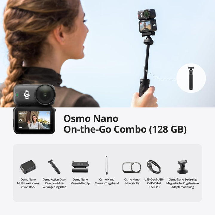 DJI Osmo Nano On-the-Go Combo (128 GB) mit Mini-Verlängerungsstab - Kleine 4K/60 fps Vlog-Kamera mit
