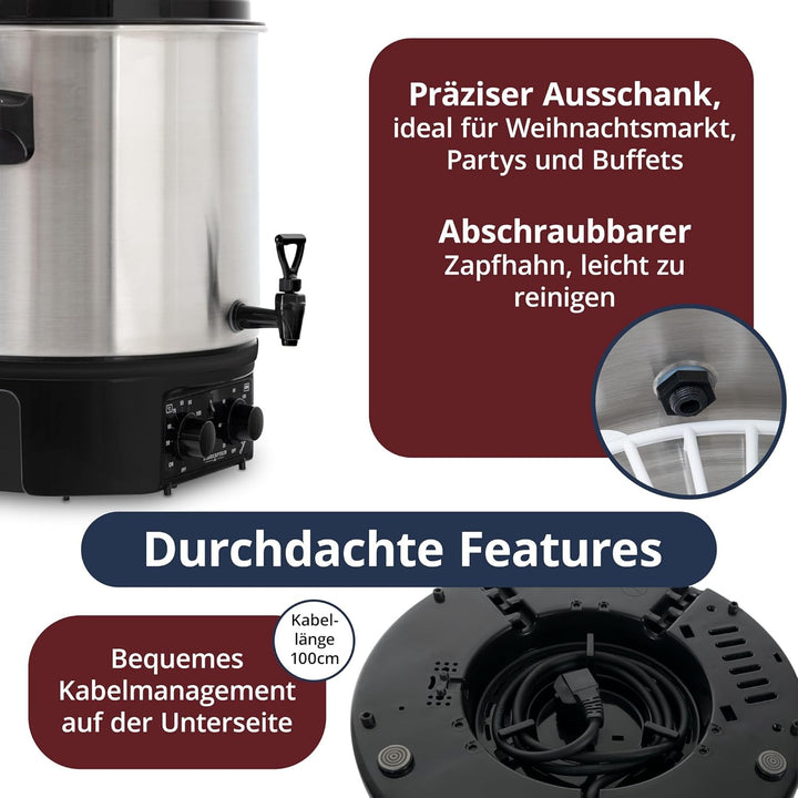 Stagecaptain GWK-27A Glühweinkocher - Einkochautomat mit 27 Liter - 2000 Watt - Gebürsteter Edelstah